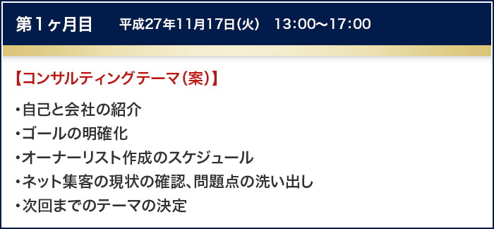 第１ヶ月目　平成27年11月17日（火）　13：00～17：00
		【コンサルティングテーマ（案）】
		・自己と会社の紹介
		・ゴールの明確化
		・オーナーリスト作成のスケジュール
		・ネット集客の現状の確認、問題点の洗い出し
		・次回までのテーマの決定