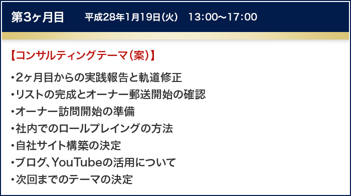 第3ヶ月目　平成28年1月19日（火）　13：00～17：00
		【コンサルティングテーマ（案）】
		・2ヶ月目からの実践報告と軌道修正
		・リストの完成とオーナー郵送開始の確認
		・オーナー訪問開始の準備
		・社内でのロールプレイングの方法
		・自社サイト構築の決定
		・ブログ、YouTubeの活用について
		・次回までのテーマの決定