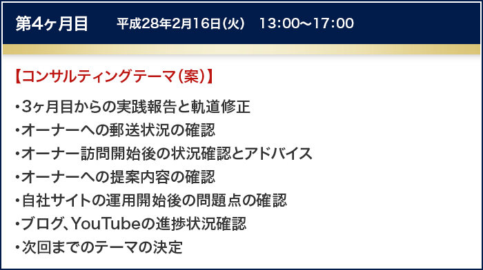 第4ヶ月目　平成28年2月16日（火）　13：00～17：00
		【コンサルティングテーマ（案）】
		・3ヶ月目からの実践報告と軌道修正
		・オーナーへの郵送状況の確認
		・オーナー訪問開始後の状況確認とアドバイス
		・オーナーへの提案内容の確認
		・自社サイトの運用開始後の問題点の確認
		・ブログ、YouTubeの進捗状況確認
		・次回までのテーマの決定