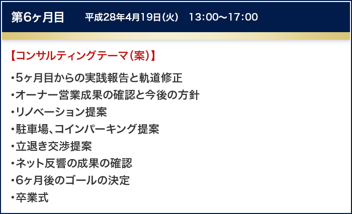 第6ヶ月目　平成28年4月19日（火）　13：00～17：00
		【コンサルティングテーマ（案）】
		・5ヶ月目からの実践報告と軌道修正
		・オーナー営業成果の確認と今後の方針
		・リノベーション提案
		・駐車場・コインパーキング提案
		・立退き交渉提案
		・ネット反響の成果の確認
		・6ヶ月後のゴールの決定
		・卒業式